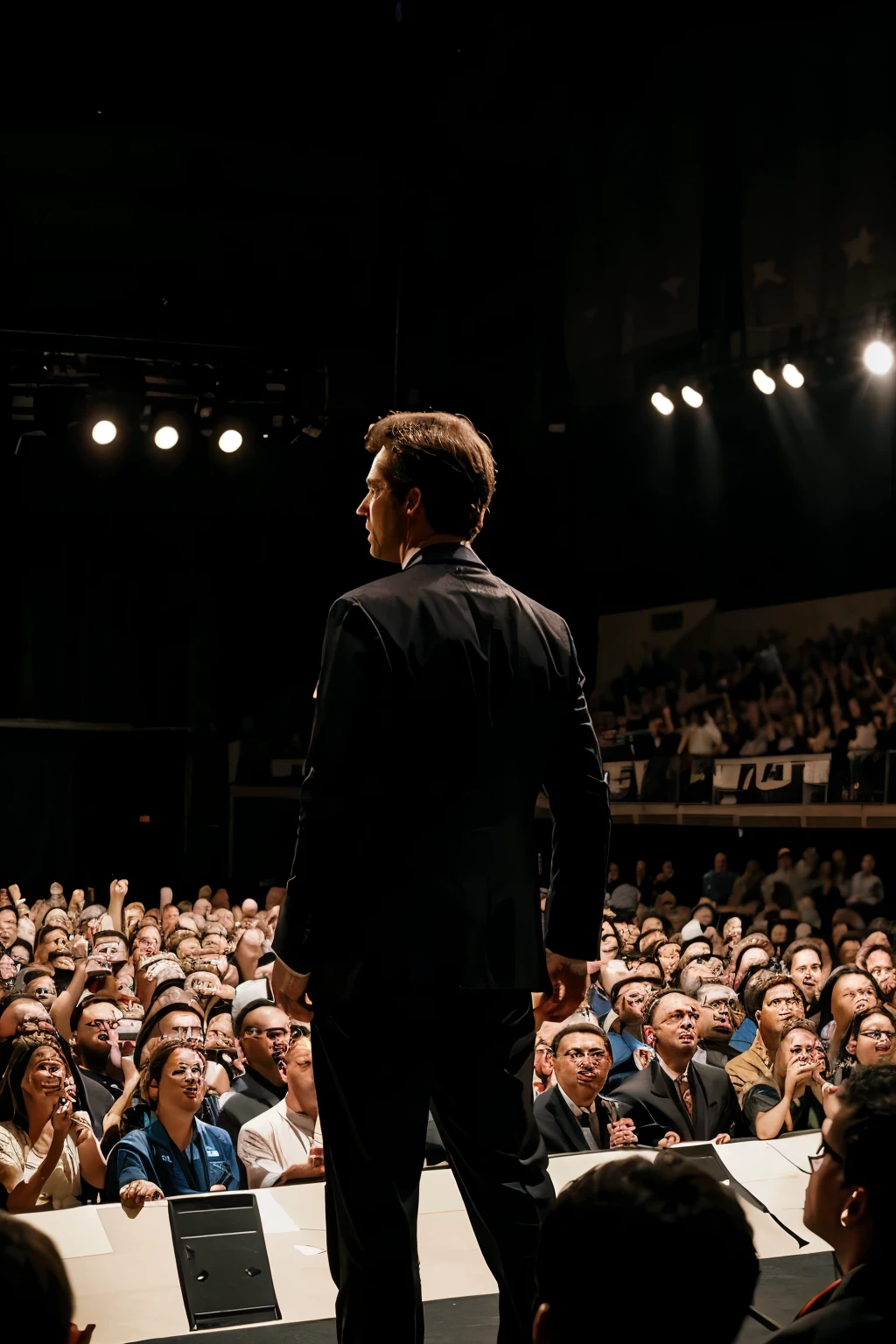 master leading a crowd behind him on a stage, LEADER, adult american man, chic
