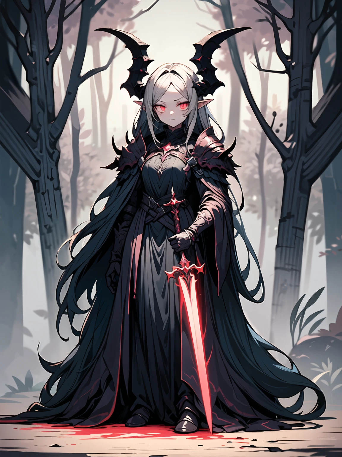 A stunning artwork of a fierce demonic elf standing in a cursed forest. The full-body view showcases her in dark armor, exuding an aura of malevolent grace and unyielding power. Her long, flowing dark gray hair frames a face of eerie beauty, highlighted by red eyes that glow with otherworldly menace. She holds a cursed sword, intricately designed and radiating dark energy, adding to her formidable presence. The scenery around her is a twisted, shadowy forest with gnarled trees and glowing red eyes peering from the darkness. Mist and sinister shadows enhance the ominous atmosphere, creating a scene of haunting dread.
