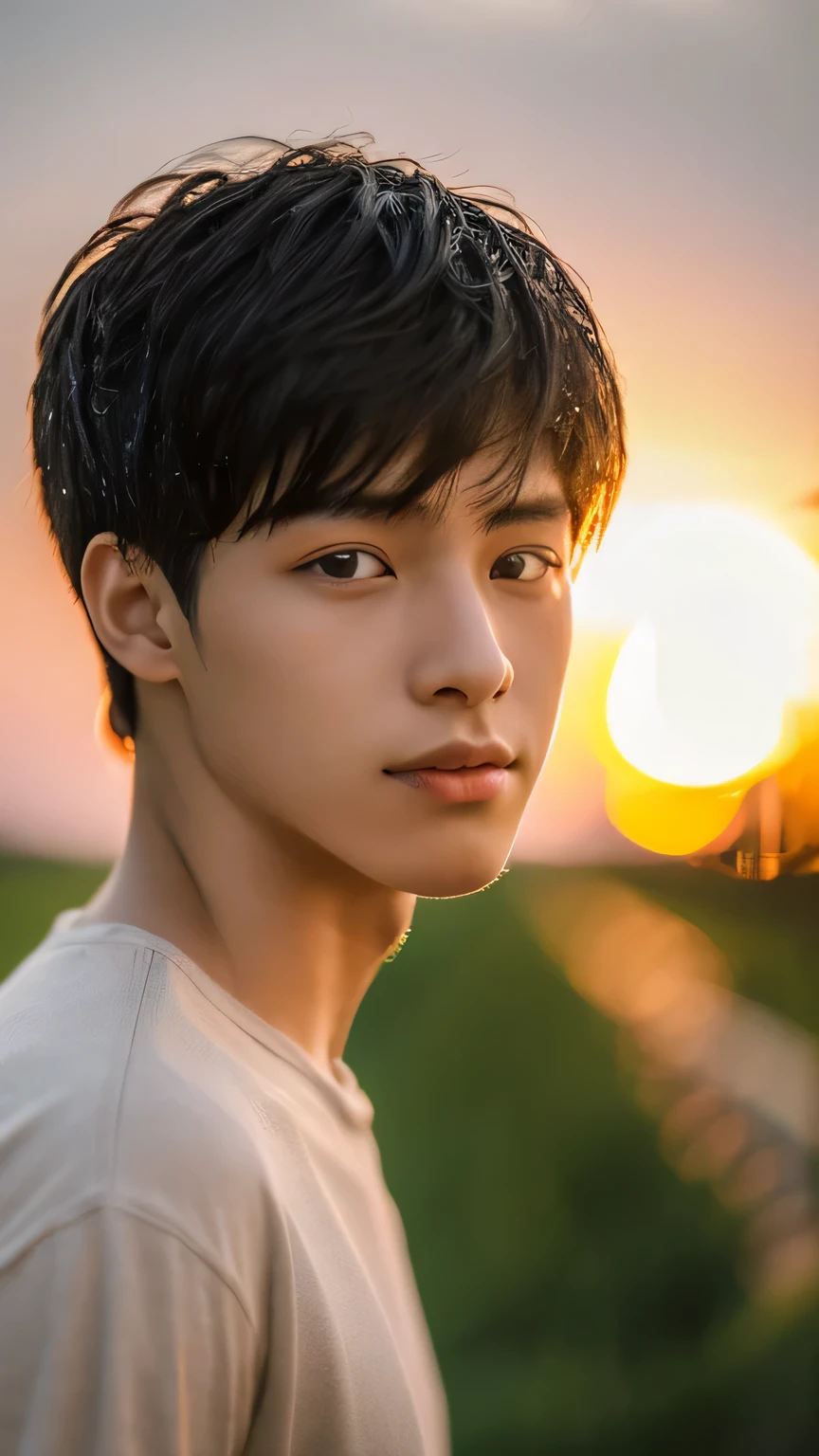 Highest quality, masterpiece, Ultra-high resolution, (Realistic: 1.4), Original photo, wallpaper, Head Photo, skin, Simple Background, Iris, detailed, Selfie, 1 boy, 18-year-old, good looking, Wind,Sunset、shower