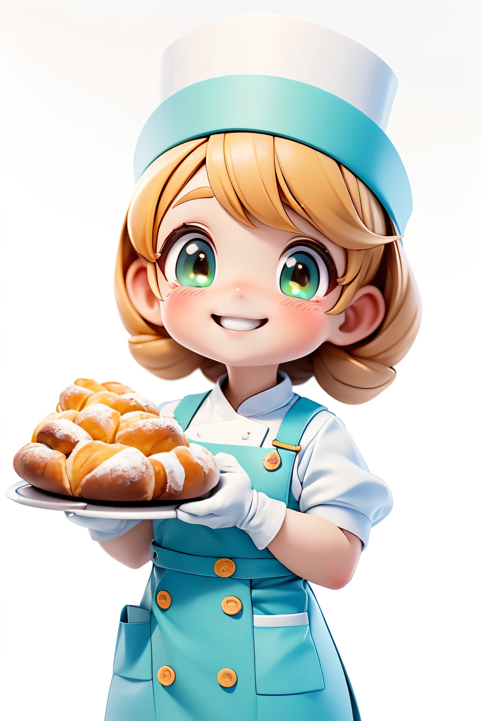 Adorable and cute , with Thermal Kitchen Gloves on both hands, holding baking pan filled with cheese bread.  happy with a wide smile of happiness,  proud. Full, flushed cheeks. Pure white image background. ultra quality. Dressed in pastry chef outfit with chef hat. great smile