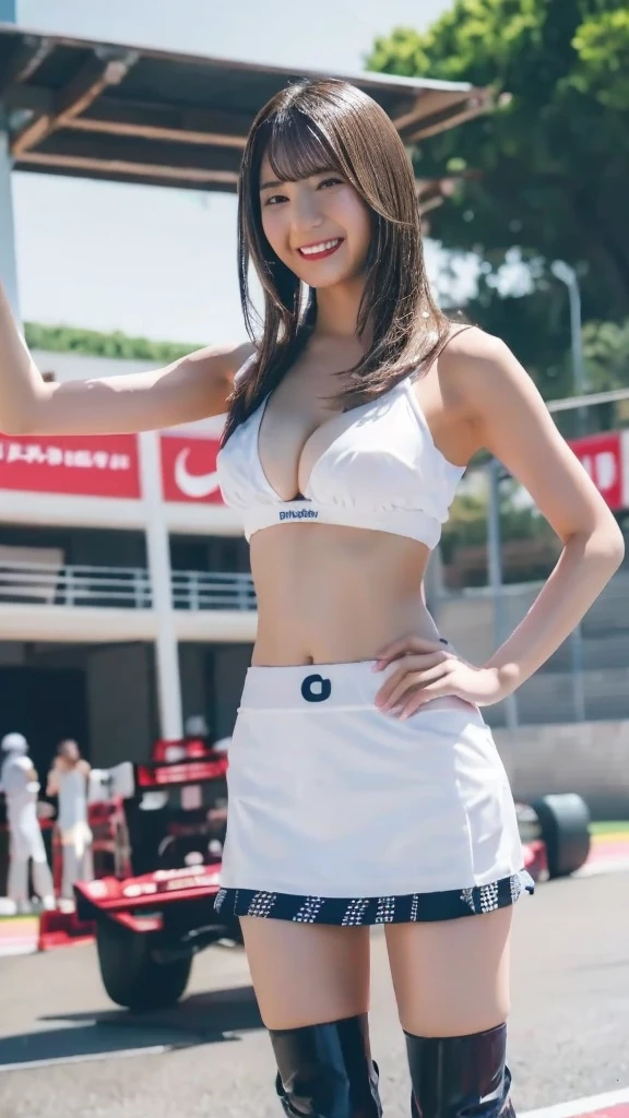 8K resolution, Surreal, Very detailed, high quality,Perfect Anatomy, (girl: 1.1), girl1名, Beautiful Japanese Women,18-year-old, Shinwes, Detailed face, Long Hair, (Huge breasts),(Wide Hips), (White swimming race suit :1.3), (Camel Toe), cute, Japanese idol faces, smile,(((Fold your arms in front of your chest:1.3)))