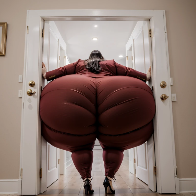 masterpiece, 1girl tall, fat, bottom heavy ssbbw british, 30 year old, behind a doorway, from behind, (doorstuck, stuckback:1.3), big belly, huge wide hips, massive butt,  thick thighs, colorful clothing, wearing a red suit and tie and formal pants, upset, she tries to wiggle her big body through the door, but the door is too small and she is stuck tight, she kicks and swings her legs back and forth in a panic, she is way too big and round to fit through,, she looks behind at the viewer politely asking for some help as she tries to pull herself out with all her might, she swings her hips desperately