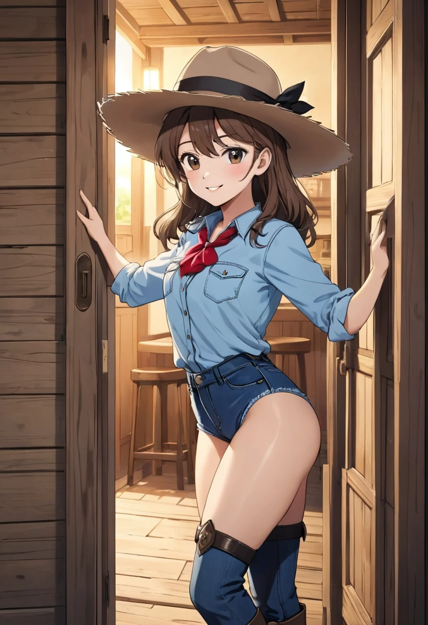 (((NSFW:1.8))),((Nude:1.8)))(((1 person:2.0))),(((naked:1.8))),(((Slim body:1.8))),(((Brown gun belt with holster:1.8))),((Brown cowboy hat:1.8)),((Wear a metal watch on your wrist:1.8))),(((Showing cleavage))),(((Exposed thin inner thighs))),(((Small breasts:1.5))),(((nakedの腕))),(((Her hair is brown))),((Blushed:1.2)), Beautiful detailed girl, Very detailed目と顔, 緻密でBeautiful Eyes, Very detailed, High resolution, Highest quality, masterpiece, Very detailed, 8k wallpaper, wonderful, finely, Highest quality,(Standing in front of a wooden wall),Beautiful Eyes,((Engage your audience:1.2)),(((Full Body Shot:1.8))),((Are standing:1.2)),((Put your right hand on your chest:1.2)),((Whiskey in left hand:1.4)),(((Drunk:1.5))),(((Drunk face:1.0)))