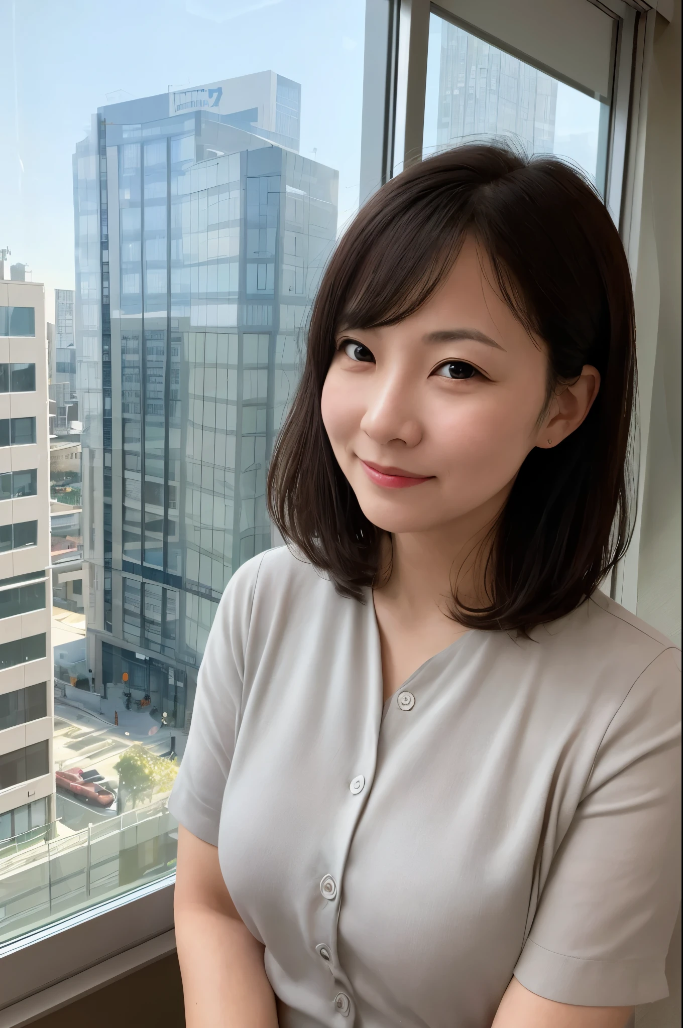 One girl, Mature Woman, Best, bow, photograph, Realistic, highest quality, employment, Detailed face, office, Building seen from the window, Detailed Background, Diffused sunlight, Depth of written boundary, Bokeh