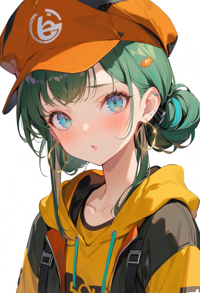 Ski style, miku havesune, masterpiece, best quality, 1 Girl, blush, Aqua eyes, cap, Shut up, earrings, have, hoop earrings, Jewelry, Looking at the audience, shirt, Simple background, Solitary, Upper Body, yellow shirt