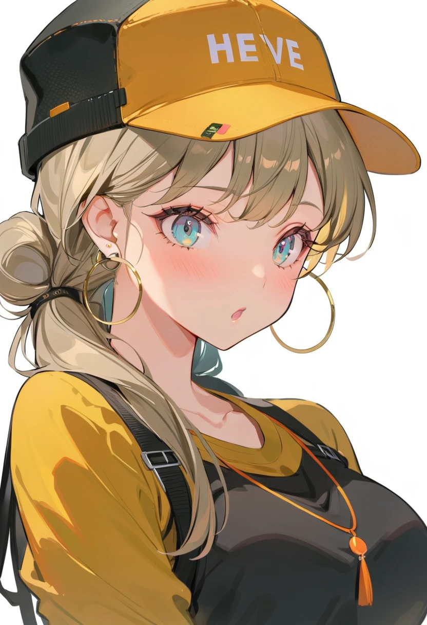 Ski style, miku havesune, masterpiece, best quality, 1 Girl, blush, Aqua eyes, cap, Shut up, earrings, have, hoop earrings, Jewelry, Looking at the audience, shirt, Simple background, Solitary, Upper Body, yellow shirt