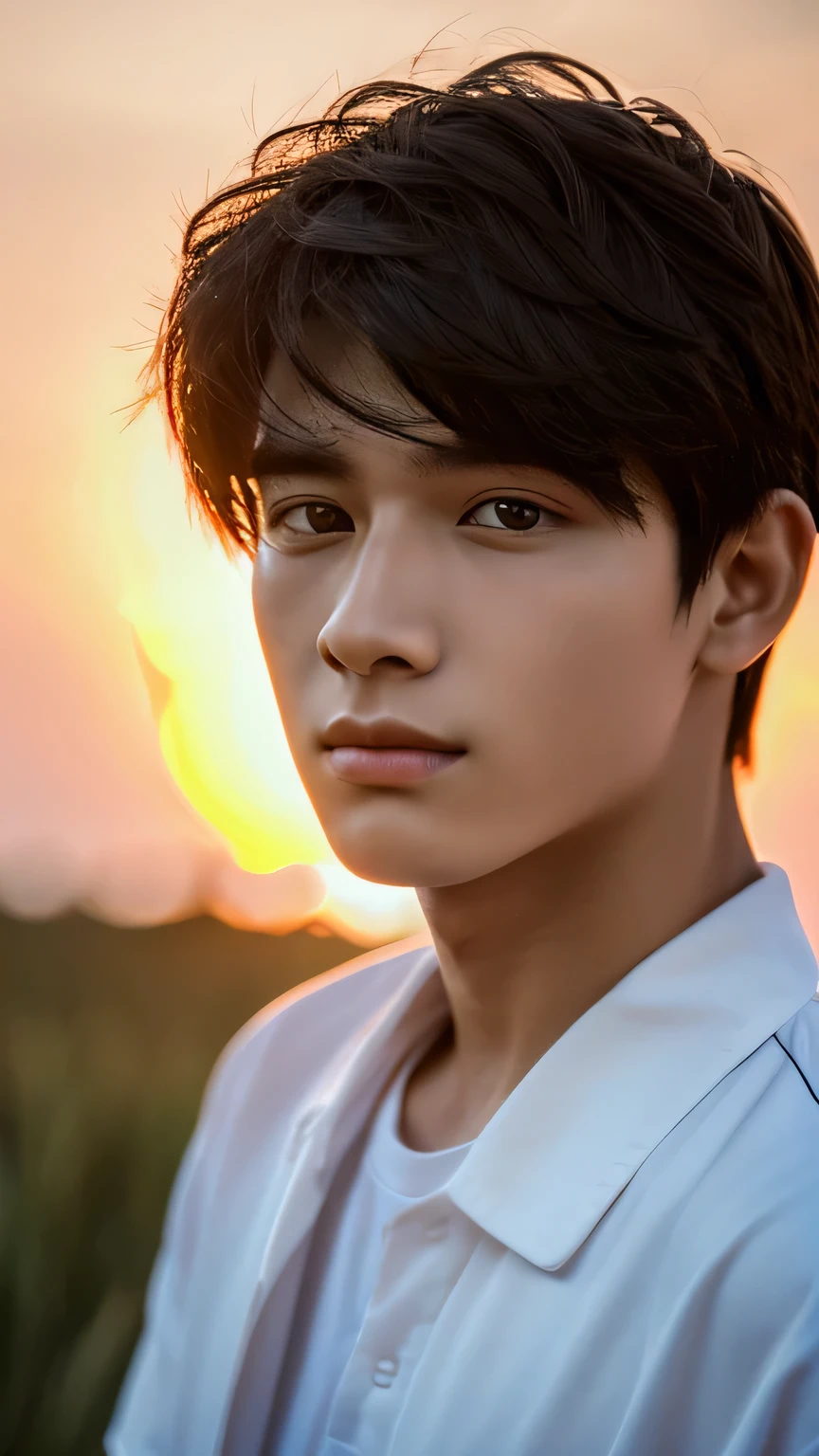 Highest quality, masterpiece, Ultra-high resolution, (Realistic: 1.4), Original photo, wallpaper, Head Photo, skin, Simple Background, Iris, detailed, Selfie, 1 boy, 18-year-old, good looking, Wind,Sunset