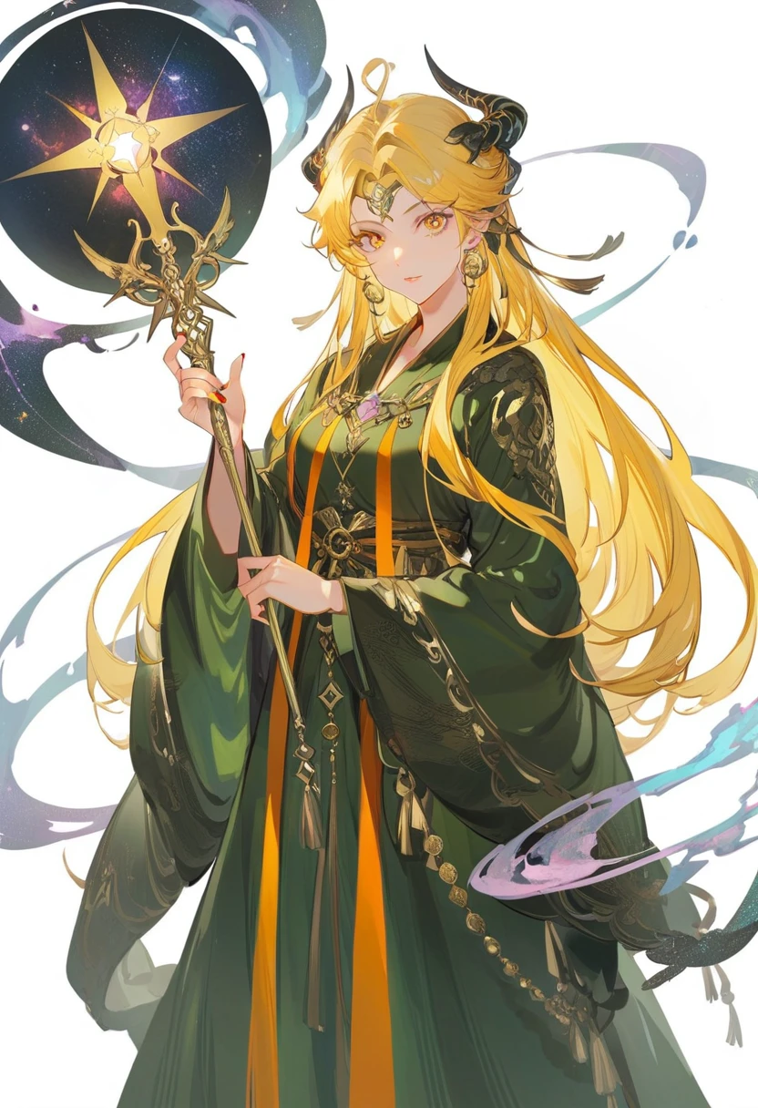 A woman, Mage, Yellow long hair, Dark Fantasy, Detailed and black cosmic robe, Cosmic Scepter