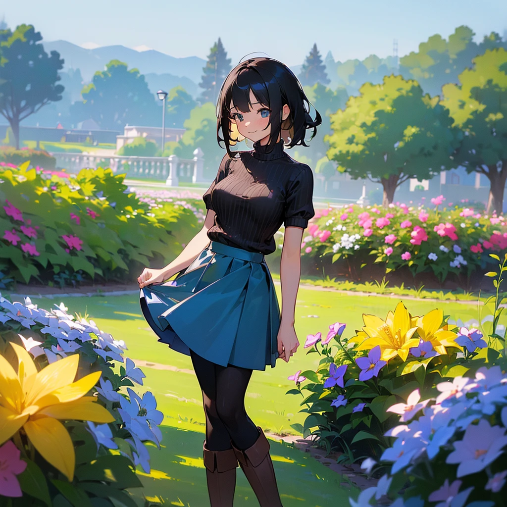 (high quality, High resolution, Very detailed, reality:1.37), Peaceful atmosphere, (Outdoor, garden), Teenage girl standing alone, (my breasts are big.), Beautiful details, Cute Smile, (Black bob hair), Short sleeve ribbed sweater, Blue Skirt, Black tights, Brown boots.