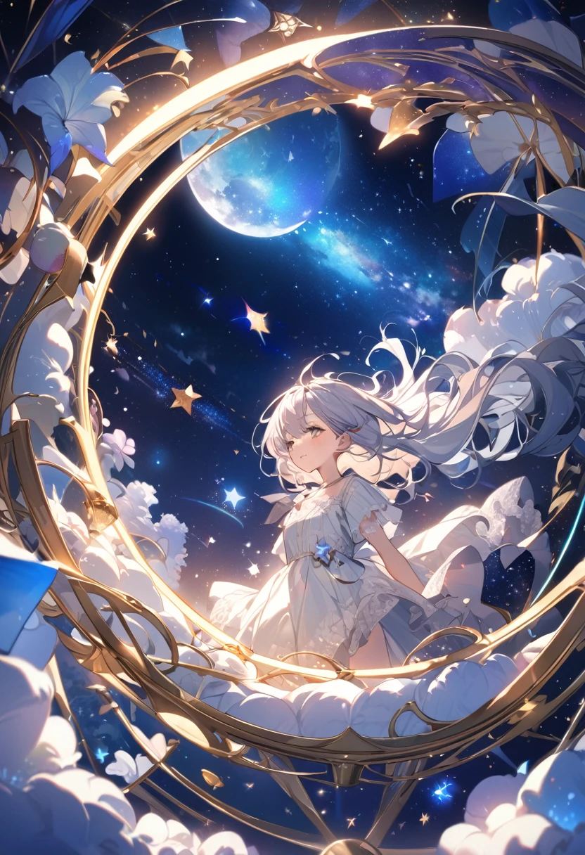 Attention to detail, Super Detail, Ultra-high resolution, A girl having a good time in a dream galaxy, Full moon behind the girl, The warm light that shines on her, The background is a forest with a starry sky with colorful galaxies and galactic clouds, The stars fly around her, Delicate face, Add a playful touch , 