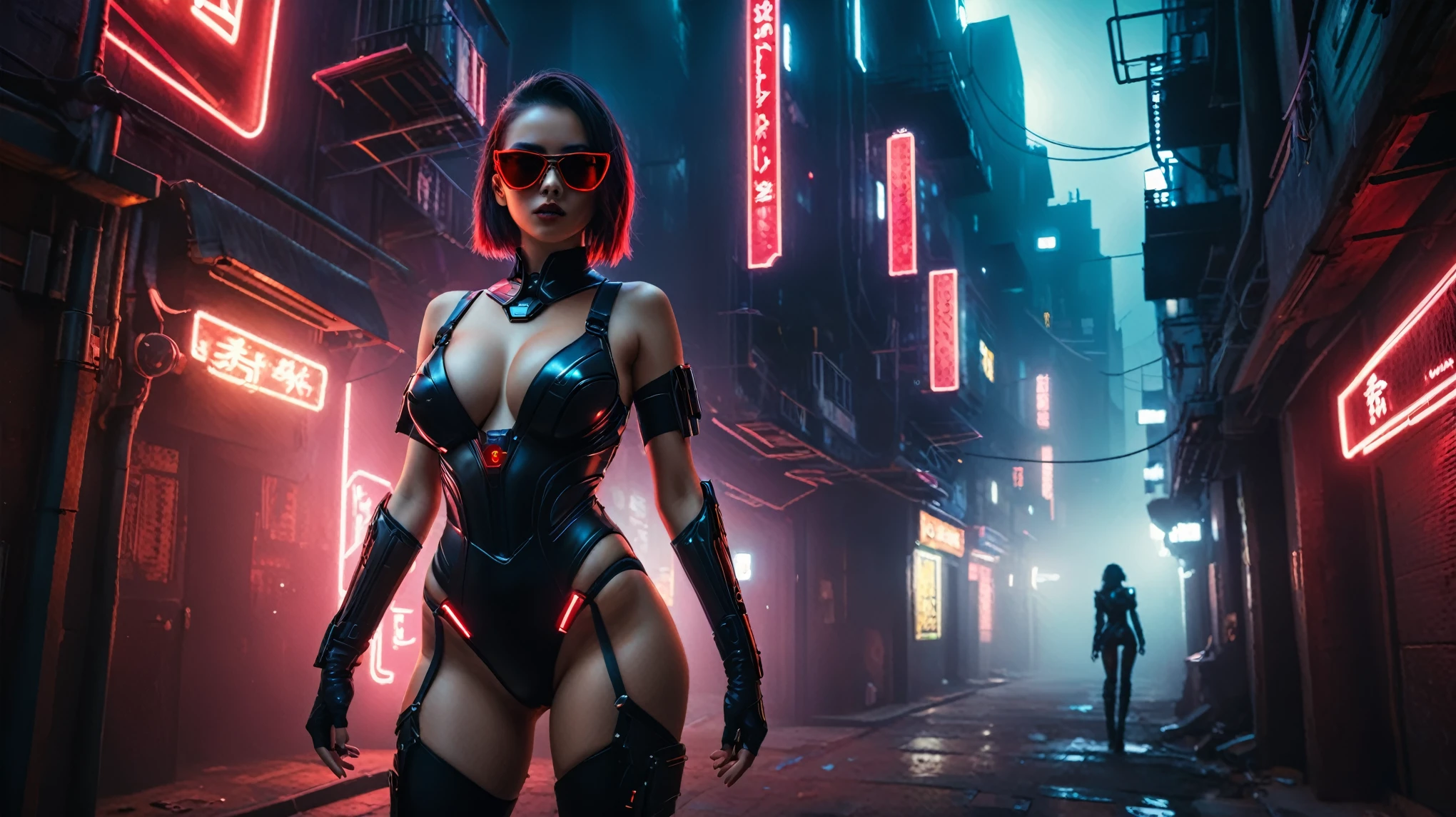 ((fisheye lens)), (1girl, solo, alone), a cyborg female warrior wearing a futuristic leotard standing in a GhostlyStyle cyberpunk city alley at dark night, darksynth aesthetic, red neons, atmospheric fog, large-breast:1.2 slim body, cleavage:1.1, (black sunglasses), (((((she raised a short-gun:1.8 and shot the viewer))))), dynamic pose, ((half-body thigh level medium shot)), cinematic lighting, lens flare, ray tracing.