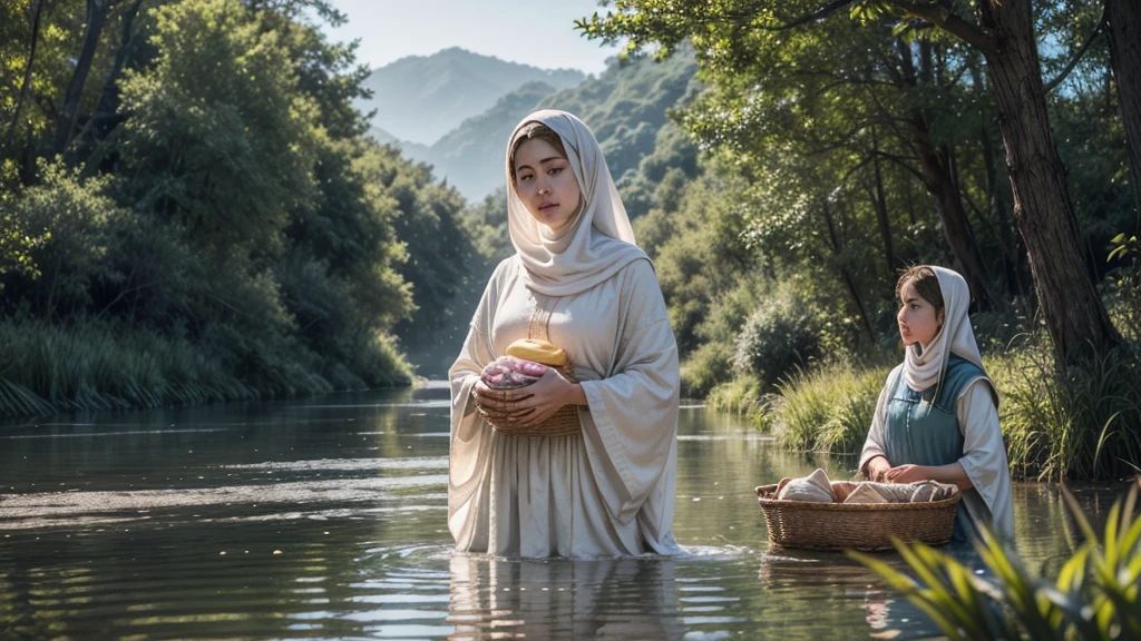 Create a realistic and engaging thumbnail for a YouTube video titled 'How Moses' Mother Waited on God - An Incredible Story of Patience!' Depict Jochebed as a loving and courageous mother with an expression of hope and faith, dressed in modest, biblical-era clothing. She should be holding a small, woven basket with baby Moses inside, floating on a serene river with lush reeds and greenery. Use soft, natural lighting to create a peaceful atmosphere, with rays of sunlight gently illuminating the scene. Include divine elements such as a gentle light or aura around Jochebed and the basket. Add the title text 'How Moses' Mother Waited on God' and 'An Incredible Story of Patience!' in a bold, clear font that stands out against the background, emphasizing keywords for impact. Ensure the composition is balanced and visually appealing.