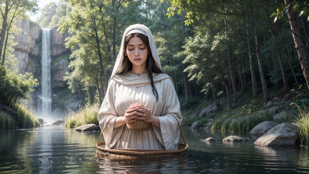 Create a realistic and engaging thumbnail for a YouTube video titled 'How Moses' Mother Waited on God - An Incredible Story of Patience!' Depict Jochebed as a loving and courageous mother with an expression of hope and faith, dressed in modest, biblical-era clothing. She should be holding a small, woven basket with baby Moses inside, floating on a serene river with lush reeds and greenery. Use soft, natural lighting to create a peaceful atmosphere, with rays of sunlight gently illuminating the scene. Include divine elements such as a gentle light or aura around Jochebed and the basket. Add the title text 'How Moses' Mother Waited on God' and 'An Incredible Story of Patience!' in a bold, clear font that stands out against the background, emphasizing keywords for impact. Ensure the composition is balanced and visually appealing.
