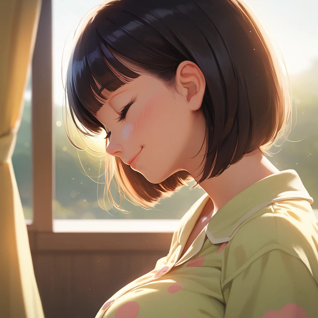 score_9,score_8_up,score_7_up,masterpiece,best quality, source anime, realistic, super detailed, extreme detailed, rating_safe,
1girl, looking up, profile, (close-up face:1.2), (closed eyes:1.2), blush, smile,
BREAK girl, 22yo, short hair, bob cut, (blunt bangs), black hair, (tareme, detailed cute brown eyes), curled eyelashes, (large breasts:0.9),
shiny hair, beautiful detailed eyes, beautiful face,
Pajamas, morning, sunlight, (flare:1.2),