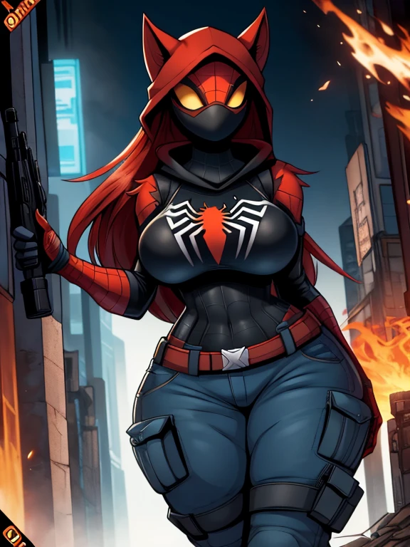 Spiderson, Spider-Man, poison woman with huge ass, huge hips and breasts, cultist wears orange and black cargo pants and fire pattern boots., in the hood, with a mask that completely covers the face,  wear a jacket with a spider pattern, In black pants, hands in bandages, with an army of cultists, + drives a tank, In a ruined city,+fog+anime, enlightenment、(top quality)、(((masterpiece)))、(a high resolution)、Original、(lonely girl)、sexual、Thick、big body、(Ginger),With guns and rifles, Helghast, wolfenstein, Unigine rendering, holding a blaster, imperial military, cyberpunk imperial military, Have MP7, with a pistol, RB6S), Wearing a black Sith uniform., Excellent detail, RB6S, RB 6 s, high level of detail, Original character,girl,Red hair,yellow eyes,long hair, complex black mask, military general, {Best quality}}, {{masterpiece}}, {{ultra detailed}}, {illustration}, {detailed light},
