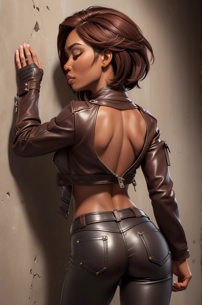 obra prima, melhor qualidade, ((one woman only,)) ((angela bassett, glamor makeup, dark skin,)) brown bob hair, looking back over shoulder at me, (((eyes closed, mouth open big, face of ecstasy,))) wearing cherry red leather biker jacket, ((jacket is unzipped, nip slip,)) jacket has padded puff shoulders, shiny leather gloves, ((brown distressed leather skinny pants,)) leather has studs and zippers and chains, body is slender, skinny shiny tight ass, ((facing wall, body pressed to wall, shoulders arched back, touching herself sexually,)) (camera view of whole body, back view of body,) shallow depth of field, highres, HD, 8k, anatomically correct