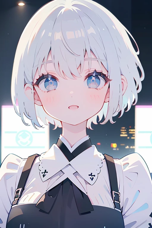 Short Hair、Gray Hair、Light blue eyes、Black maid outfit、Smiling、Watching the audience、