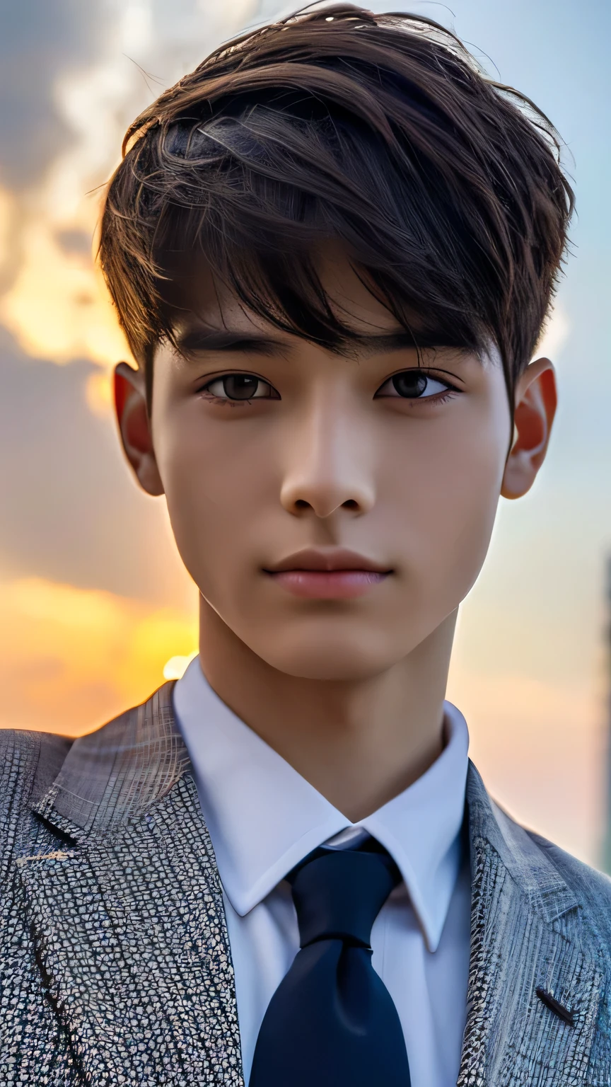 Highest quality, masterpiece, Ultra-high resolution, (Realistic: 1.4), Original photo, wallpaper, Head Photo, skin, Simple Background, Iris, detailed, Selfie, 1 boy, 18-year-old, good looking, Wind,Sunset、suit
