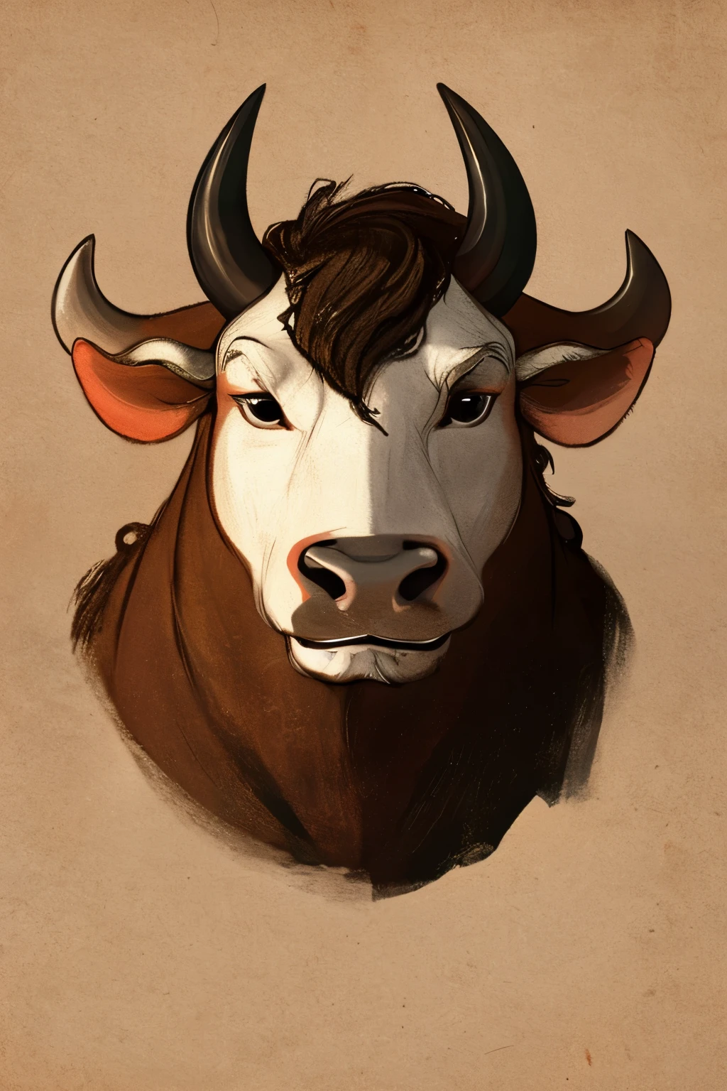 portrait of a bull from the front, calm bull face, sketch style, dondo white