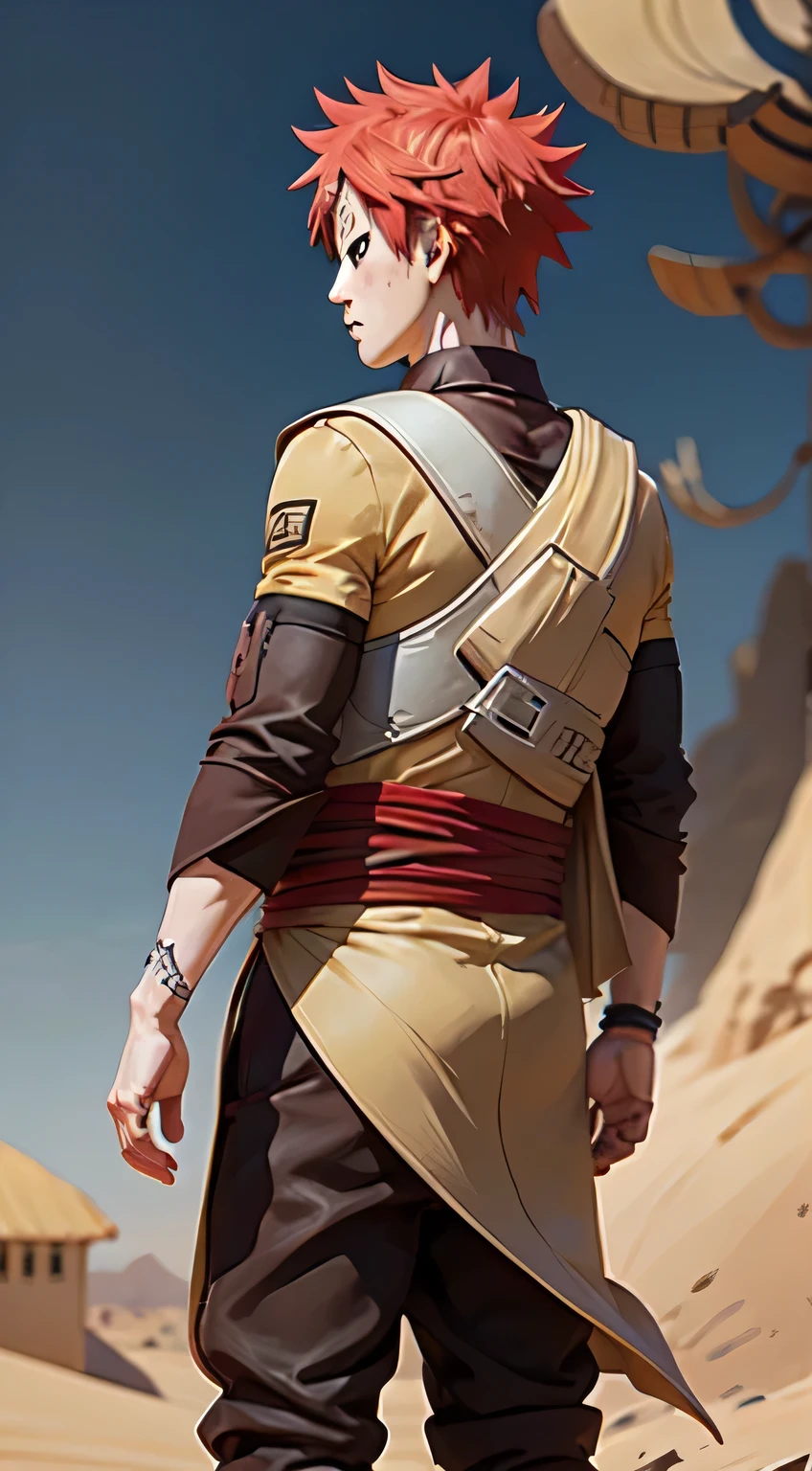 Naruto Shippuden I love Rowe, Cinematic art,Highest quality, Nine Tales Fox Sprites in the background, Beautiful red cinematic light effect, Masterpiece Collection Award Winners, Official Art, Hidden Desert Village, courage, Full body in dynamic poses, Japanese anime, Animated movie effects, Red Hair, Back view