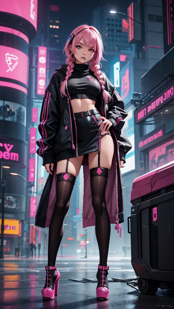 1girl,detailed skin,braided pink hair,small breasts,black thighhighs,oversized sweater,high heels,(sassy pose:0.8),cyberpunk,volumetric fog,