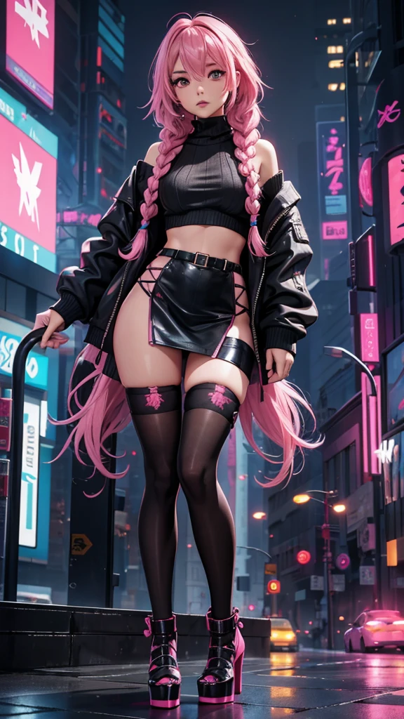 1girl,detailed skin,braided pink hair,small breasts,black thighhighs,oversized sweater,high heels,(sassy pose:0.8),cyberpunk,volumetric fog,