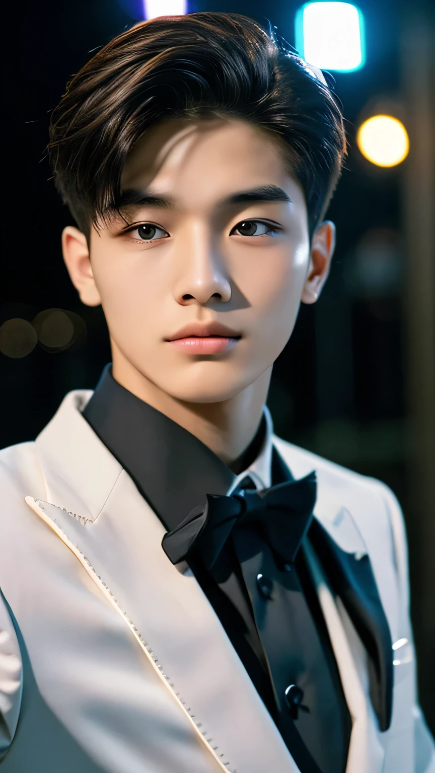 Highest quality, masterpiece, Ultra-high resolution, (Realistic: 1.4), Original photo, wallpaper, Head Photo, skin, Simple Background, Iris, detailed, Selfie, 1 boy, 18-year-old, good looking, Wind,night、suit