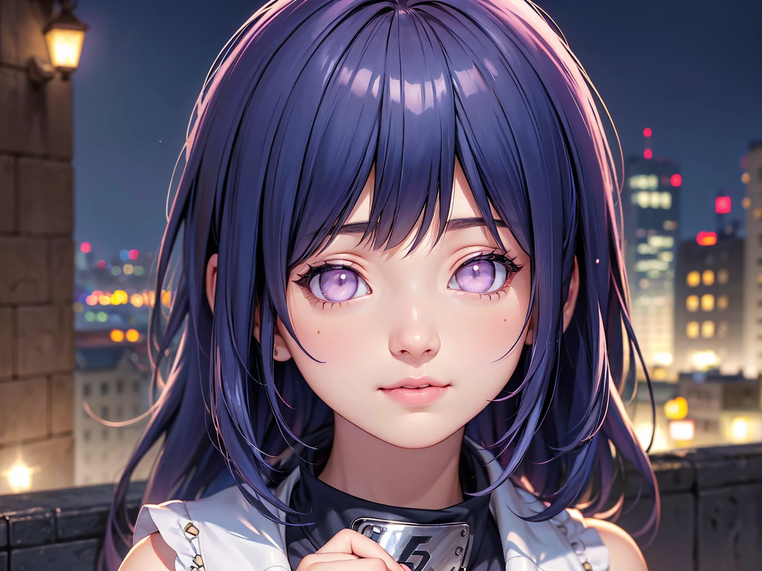 High details:1.9, high resolution, Natural strokes and colors, natural lighting, face detailed, detailed hair, eye detailed, detailed nose, detailed lips, detailed hands. an adult and beautiful girl:1.9. wearing a sleeveless blouse. with pink lips. A city at night. With straight blue hair. with clear purple eyes. hyuga Hinata