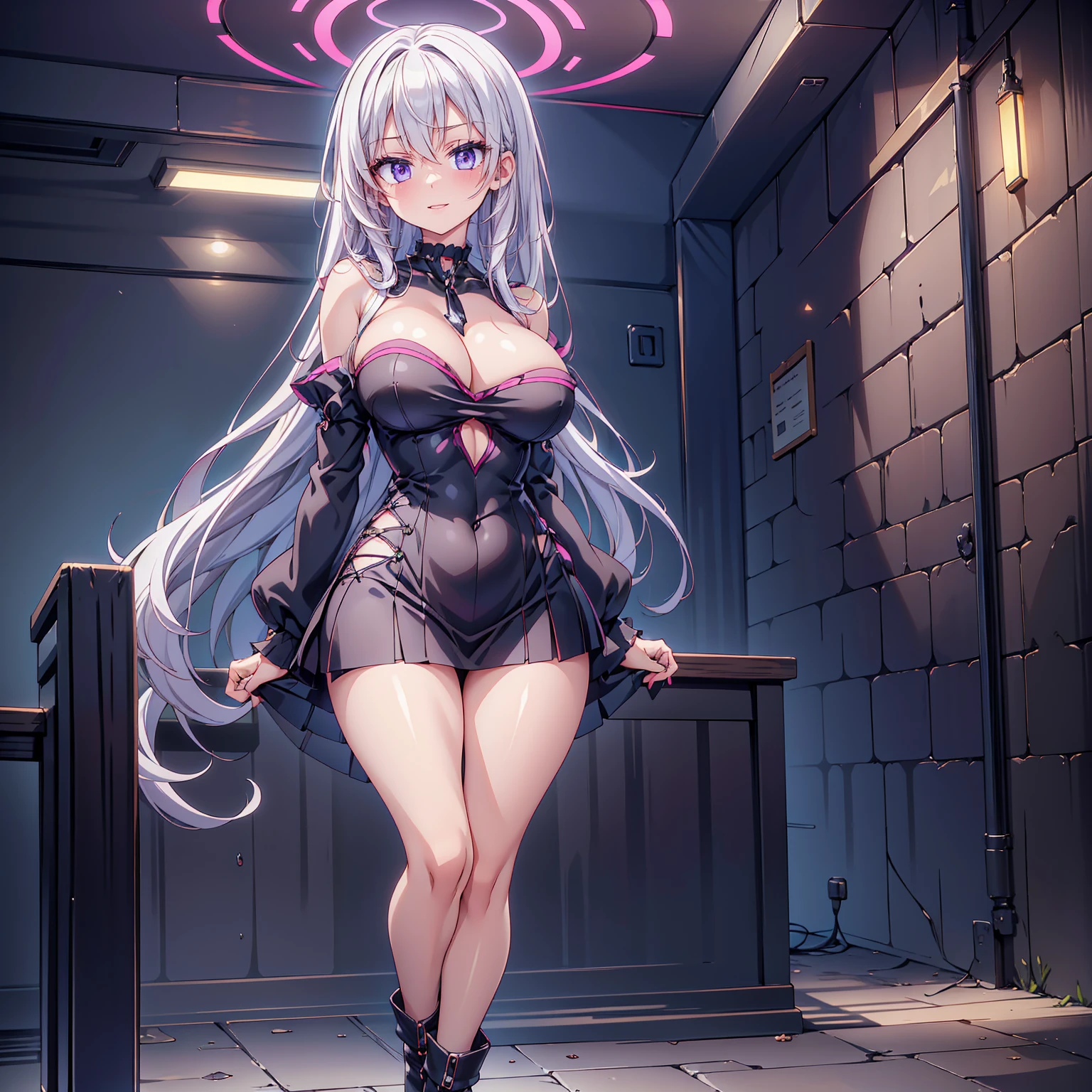 Anime Kawaii sexy Perfect Slim sensual body large breast and huge thighs, An intricate and highly detailed illustration of anime (Young girl). "A old girl with a voluptuous body, pale and delicate skin, long straight white hair, bright and expressive purple eyes, pink and full lips. She wears a tight black dress that accentuates her waist and bust., with a V-neckline that highlights your large breasts. The dress has a short black skirt that fits her hips and shows off her smooth, toned thighs... She wears a pair of black stockings that cling to her legs and accentuate her figure.. On your feet, She wears a pair of black high-heeled boots that give her an air of mystery and sensuality.. around the neck, She wears a black choker with a small crucifix that accentuates her pale skin.. Her white hair falls loosely down her back and moves gracefully as she moves.. Her bright purple eyes shine with intensity and her gaze is hypnotic.. Her pink and full lips are perfect for kissing and her smile is radiant. She wears a kitsune mask on one side of her face that gives her an air of mystery and magic... His figure is curvy and sensual, with a large bust and wide hips. She is a true beauty and her presence is impressive."