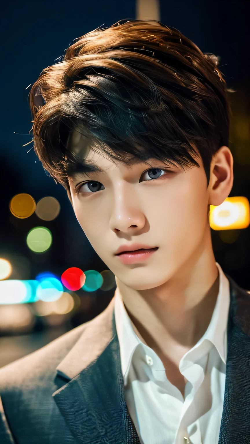 Highest quality, masterpiece, Ultra-high resolution, (Realistic: 1.4), Original photo, wallpaper, Head Photo, skin, Simple Background, Iris, detailed, Selfie, 1 boy, 18-year-old, good looking, Wind,night、suit