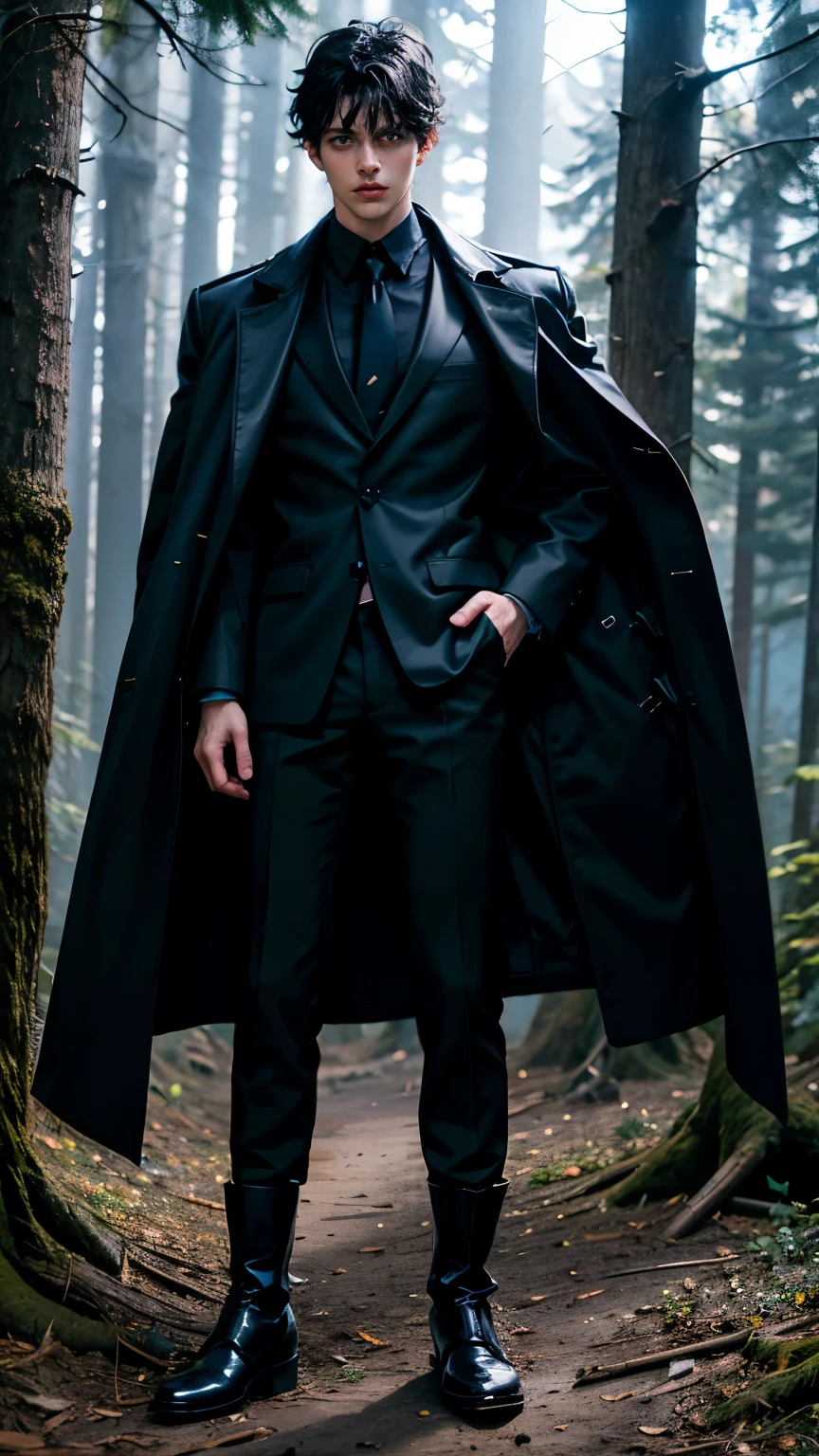 White boy, black hair, 17 years old, black coat, black pants, black boots, handsome, blue eyes, forest background, at night, dark, beautiful boy, boy