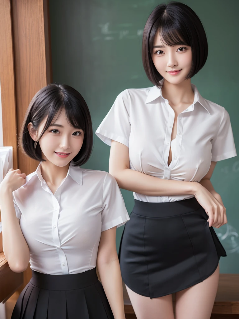 Highest quality、masterpiece、8k、Very detailed、Realistic、One girl、Looking at me with a smile、Black Hair、Short Hair、Small face、Slender、Big Breasts、Thin and beautiful legs、narrow and constricted waist,、(Open center tight shirt:1.5)、Tight Skirt、Dressed like a female teacher、(Erect nipples:1.2)