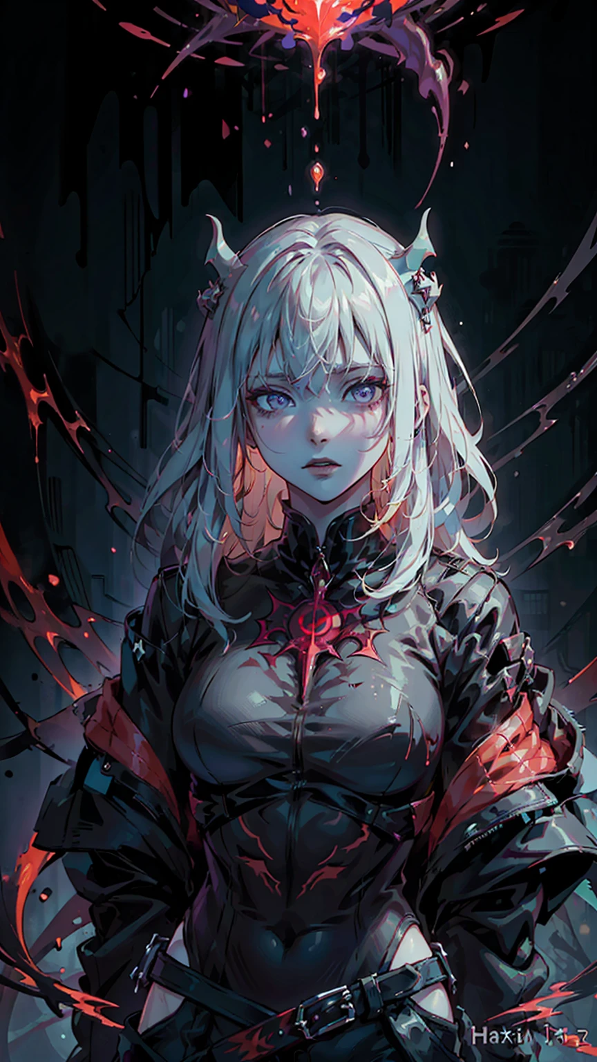 Girl with a beautiful face, Gray Hair, Anime Style, Purple eyes, (((Sexy Uniform))), Stylish and very sexy , With a funny look, ドゥームスレイヤー hellの歩行者, Impending Death, hell, Dark veins of blood stretch out from the darkness, tangled together, Oozing thick yellow blood, The veins grow、Pumping blood, (male body:1.6), 1 person, Vascular network development, connecting, Enlarge the, Red veins everywhere, Zdzislaw Beksiński, (Vibrant colors:1.3), (Rainbow Skin:1.1), (Infrared:1.2), Super detailed, Complex, Oil on canvas, ((Dry brush, Ultra Sharp)), (Surrealism:1.4), (Anxious:1.5), Painting in the style of Bekshinsky, Devil Symbol, (whole body), フレーム内のwhole body, Center body, (male:1.2), Realistic, ((Complex details)), (Pale Gothic Evil King), Dynamic pose, Perfect Face, (Realistic eyes), Perfect Eyes, ((Dark Gothic Background)), Sharp focus