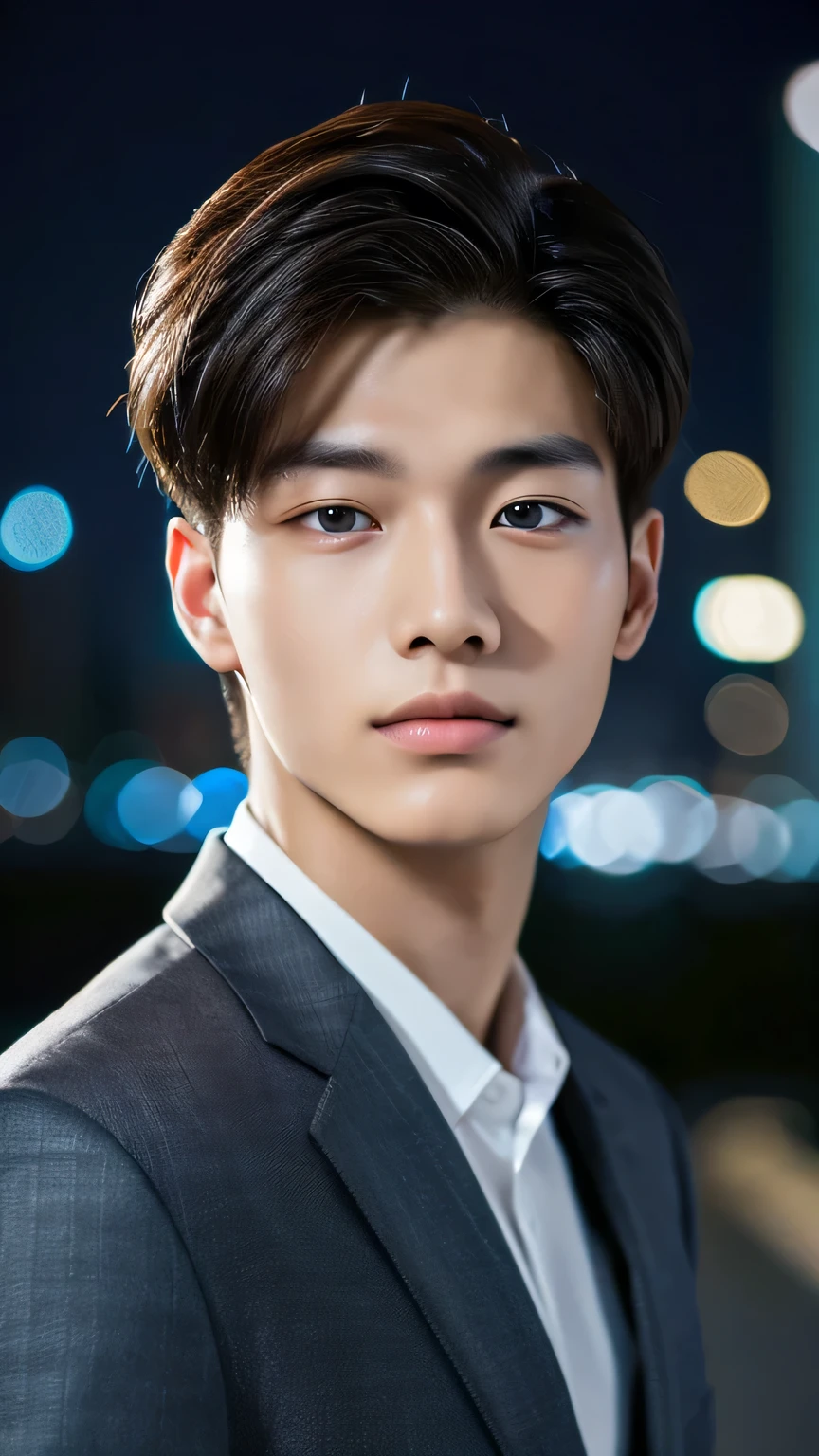 Highest quality, masterpiece, Ultra-high resolution, (Realistic: 1.4), Original photo, wallpaper, Head Photo, skin, Simple Background, Iris, detailed, Selfie, 1 boy, 18-year-old, good looking, Wind,night、suit