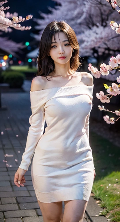 (((masterpiece:1.4, Highest quality:1.4, 8k, Ultra-high resolution, Physically Based Rendering))), Full body portrait, Super beautiful sexy woman, Perfectly shaped body, 24-years-old, (Beautiful big eyes), Fine thin eyebrows, Eye highlights, ((Dark brown half-up hairstyle)), Highly detailed face and skin texture, Clear focus:1.2, Slender beauty:1.4, ((Huge breasts:1.7, Erect nipples:1.2)), Slim Abs:1.1, Tight waist:1.2, Distinct facial features, (No makeup), (((White knit dress, Off the shoulder, Dress Lift:1.4, :1.4, Slim and long beautiful legs))), (Transparent black stockings), (((Detailed beautiful pussy exposed:1.4, pubic hair:1.5))), (((Drenched:1.4, Cum in pussy:1.5, A milky drips from her pussy down to her thighs.:1.5, Spreading pussy:1.2,))), (smile:1.3, blush:1.2, lift her chin:1.2), (Standing with legs wide apart:1.4), (From below:1.1), (View your viewers:1.1), ((Beautiful night view:1.4)), ((Cherry Blossoms at Nightの見頃:1.4)), ((Cherry Blossoms at Night:1.4, Terrace seats, lanthanum, Warm lighting)), (Scattering cherry blossoms, SakuraFubuki:1.4), (SakuraFubuki:1.4), (Star-filled sky:1.3), (Surrounded by cherry blossoms in full bloom), (There are lots of cherry blossoms in the background:1.4),