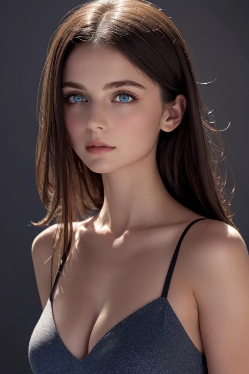 tight black top:1.2, Looking at the audience, cinema lighting, perfect, luz outfit, high resolution skin:1.2, realistic skin texture, 18 years、a small face、without makeup,off the shoulders,Bust C Cup、blue eyes, GOOD, Dark brown hair、completely naked、Gray background、