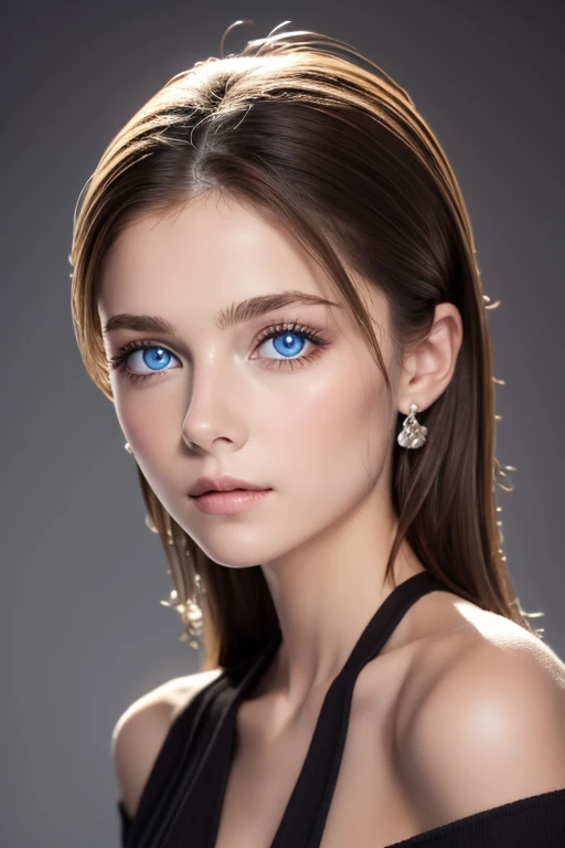 tight top:1.2, looking at the audience, Cinema lighting, perfect, soft light, High resolution skin:1.2, Realistic skin texture, 20 years old、Off the shoulders,blue eyes, wavy long hair, dark brown hair、Completely naked、gray background、