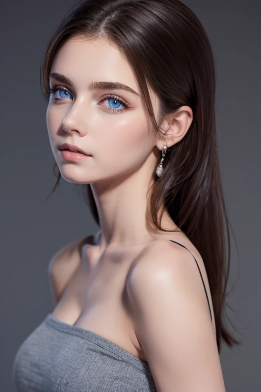 tight black top:1.2, Looking at the audience, cinema lighting, perfect, luz outfit, high resolution skin:1.2, realistic skin texture, 18 years、a small face、without makeup，off the shoulders，Bust C Cup、blue eyes, GOOD, Dark brown hair、completely naked、Gray background、