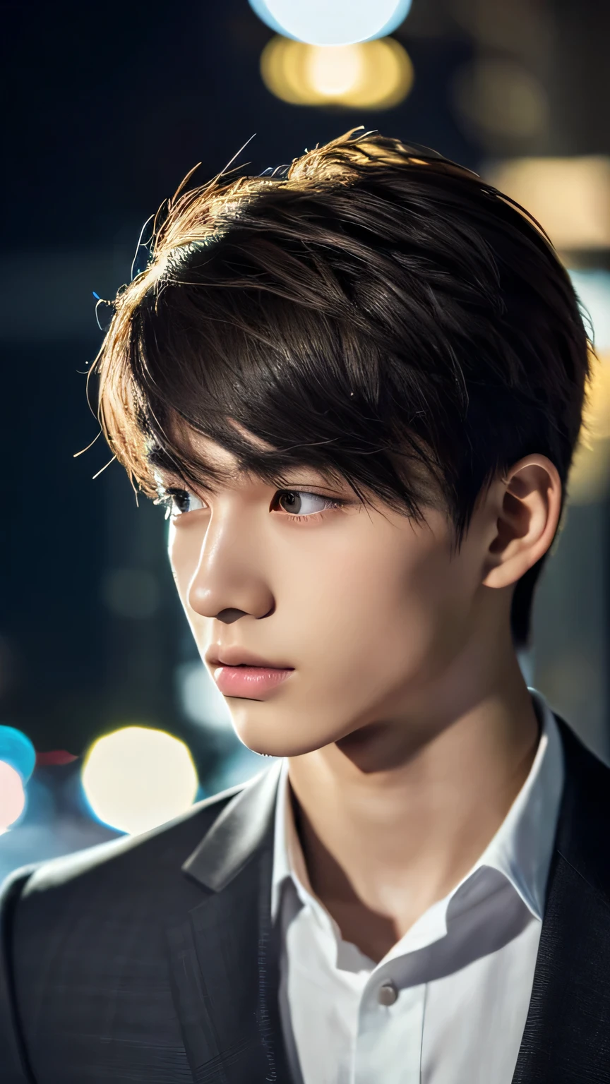 Highest quality, masterpiece, Ultra-high resolution, (Realistic: 1.4), Original photo, wallpaper, Head Photo, skin, Simple Background, Iris, detailed, Selfie, 1 boy, 18-year-old, good looking, Wind,night、suit