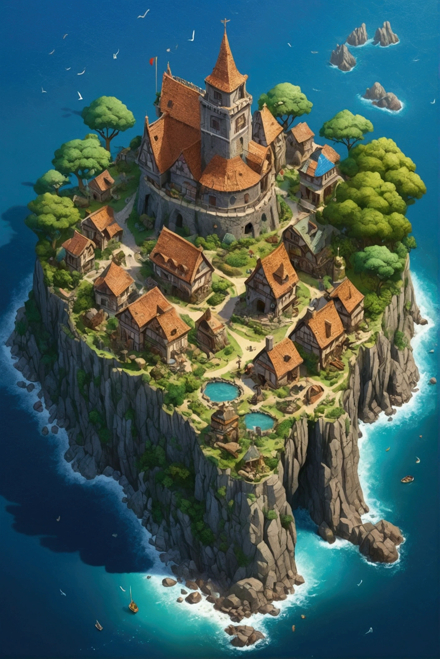 An island surrounded by sea and beaches, Medieval Kingdom, Old illusion, Highly detailed map, Height Map, A monument made of stones and runes in the center, There are many houses, Fauna and flora, Isometric view of the camera, Enchanted World, 8bit game, Highly detailed official artwork, Perfect World, Zoom out the whole body, Pocket Metaverse World Map.
The area is 500 meters by 500 meters.、Ghibli style