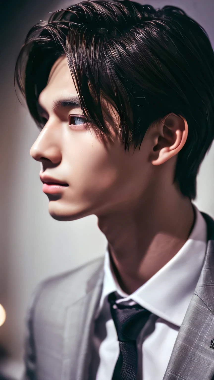Highest quality, masterpiece, Ultra-high resolution, (Realistic: 1.4), Original photo, wallpaper, Head Photo, skin, Simple Background, Iris, detailed, Selfie, 1 boy, 18-year-old, good looking, Wind,night、suit