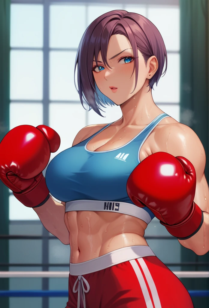 1girl, sports bra, boxing gloves, sweating