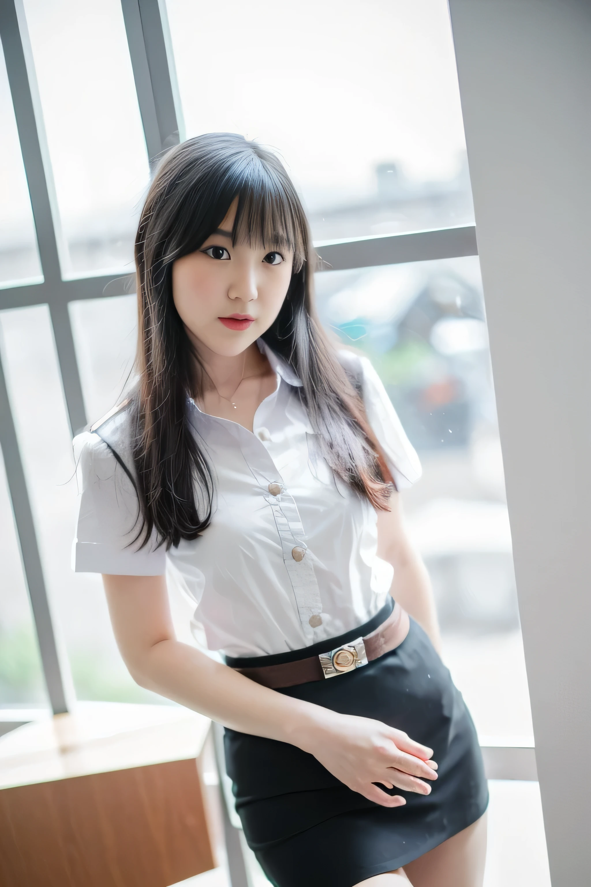 Close up,1 girl{{A beautiful girl wearing a white short-sleeved shirt and a black short A-line skirt}} stood in the classroom.  sexy poses  with several lecture tables set up behind it  There is a sliding glass window.  There was evening light streaming into the room.