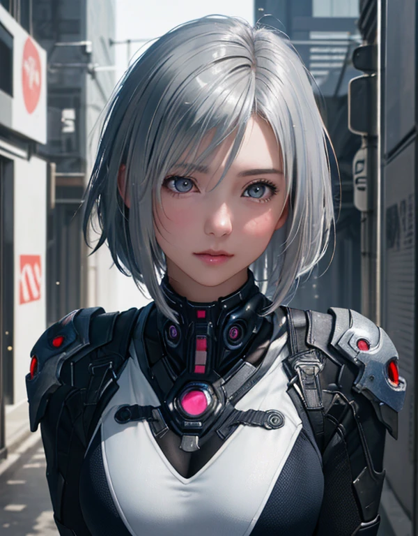 (8k, Realistic, RAW Photos, Highest quality: 1.3), (One Girl), とてもbeautiful, (Realistic Face), (boyish, Silver color very short hair), beautiful cyberpunk suit, A brilliance that captivates the viewer, beautiful expression, beautiful breasts, (Realistic Skin), beautiful..., bent over