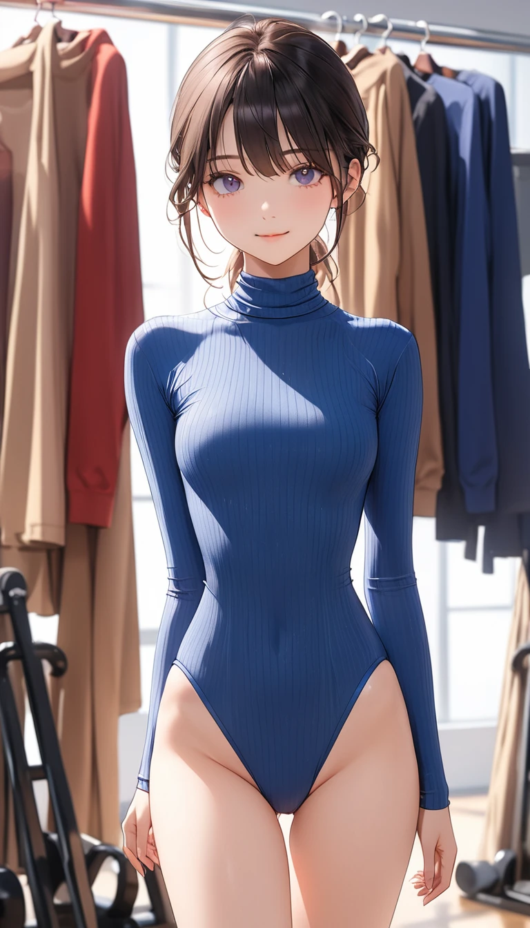 highquality illustration, masterpiece, very delicate and beautiful, attractive girl,(colorful leotard, heattech leotard,tight leotard,long_sleeve leotard,ribbed leotard,high_leg leotard,turtleneck leotard), thin,slender body,slim,gymnastics club,gymnastics athlete,bare legs,gymnasium background,beautiful eyes, light smile,(masterpiece, best quality:1.2), highres, extremely detailed CG unity 8k wallpaper, perfect lighting, Colourful, ultra-high res,4K,ultra-detailed, photography, 8K, HDR,   ages,cowboy shot,