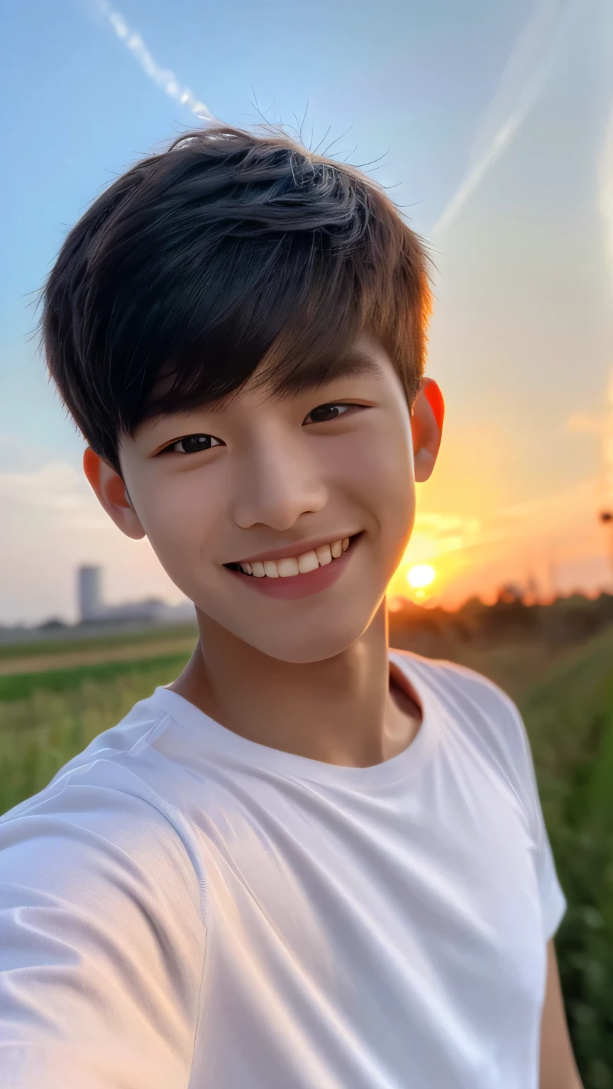 Highest quality, masterpiece, Ultra-high resolution, (Realistic: 1.4), Original photo, wallpaper, Head Photo, skin, Simple Background, Iris, detailed, Selfie, 1 boy, 18-year-old, good looking, Wind,Sunset、smile