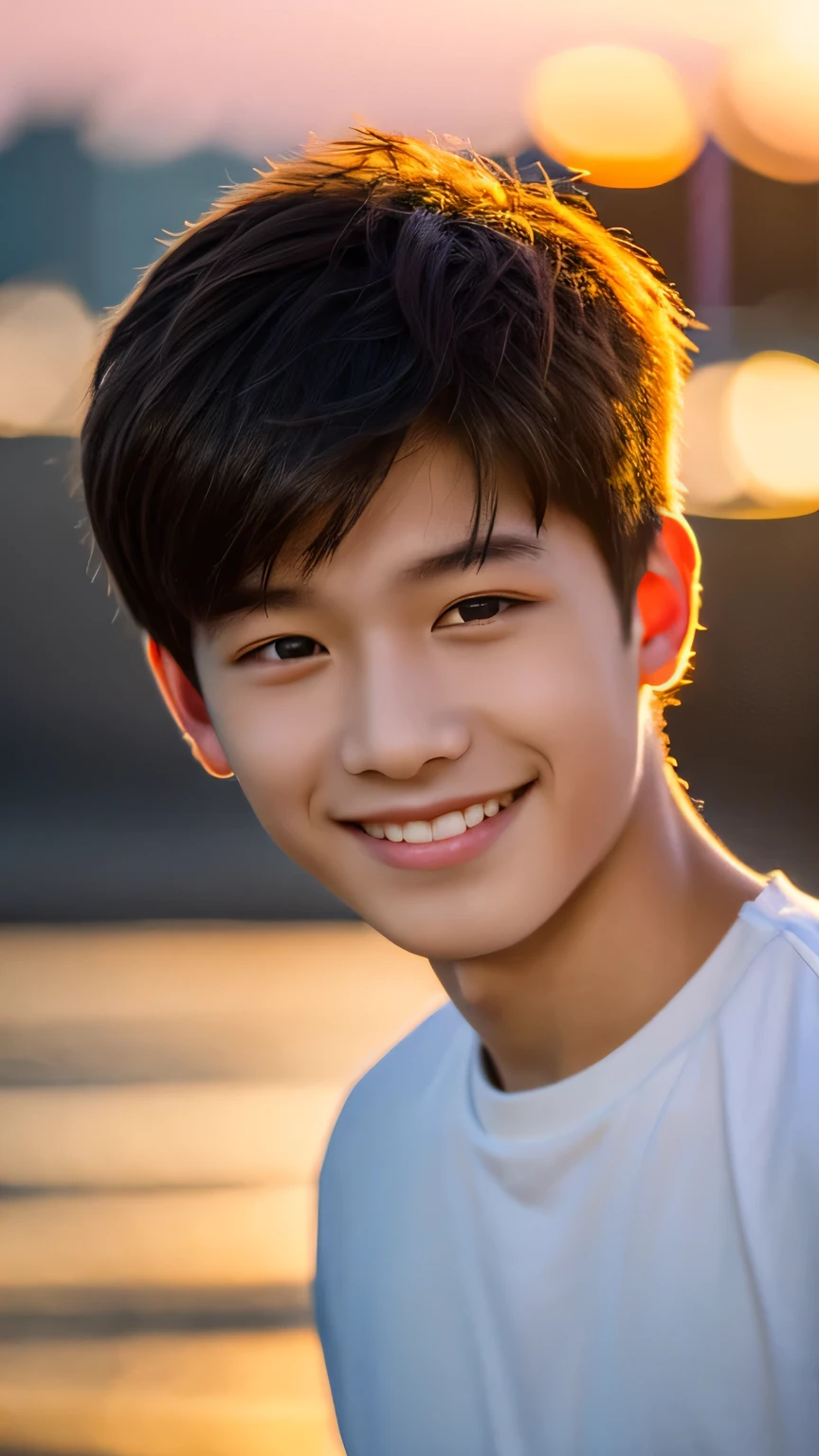 Highest quality, masterpiece, Ultra-high resolution, (Realistic: 1.4), Original photo, wallpaper, Head Photo, skin, Simple Background, Iris, detailed, Selfie, 1 boy, 18-year-old, good looking, Wind,Sunset、smile