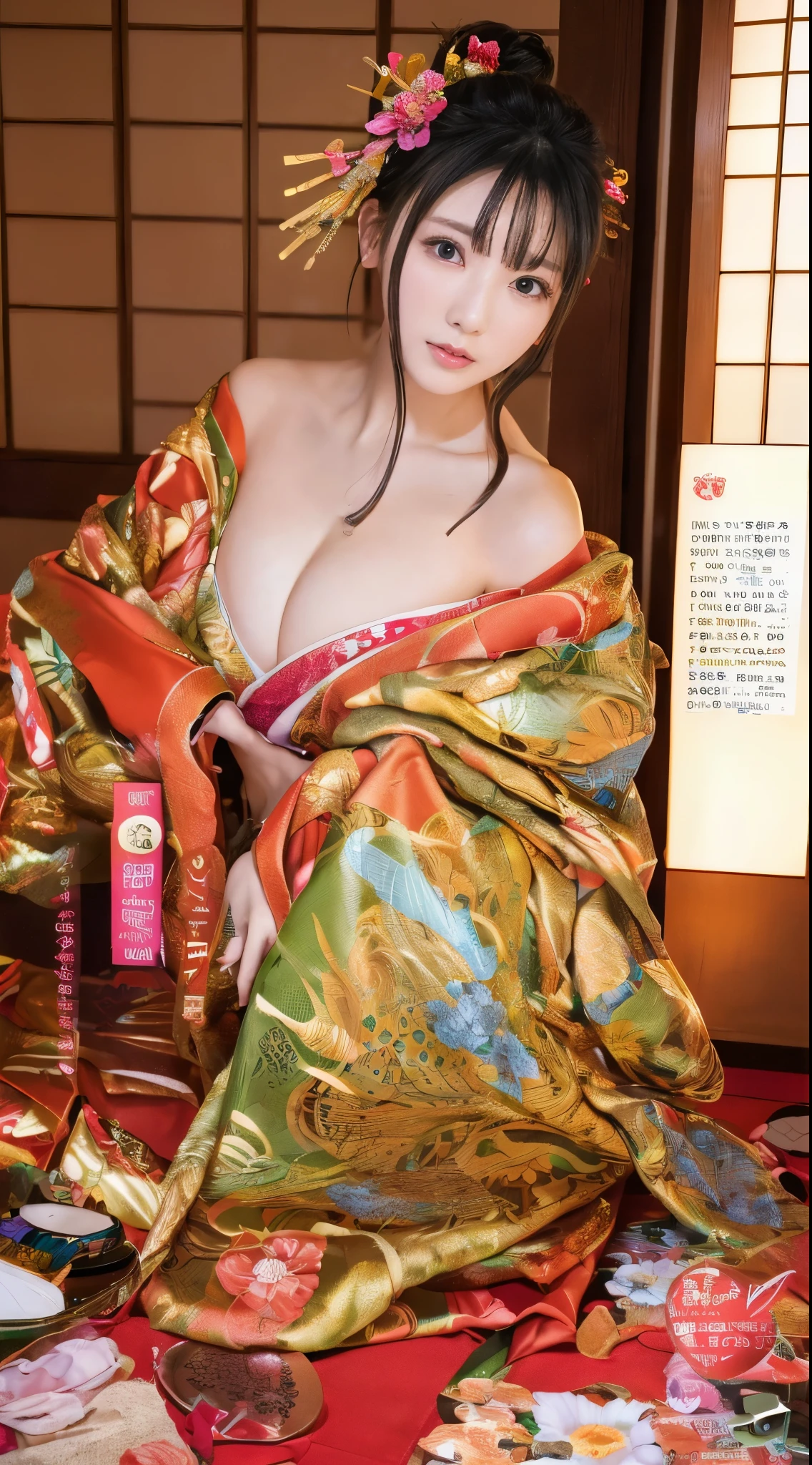 ((masterpiece(:1.4)，Highest quality，Ultra-high resolution，Highest quality，8k，Extremely detailed，In detail))，Japanese，Aika Sawaguchi，Gravure idol，A beautiful woman，Golden Ratio Style，sexy，glamorous，Big Breasts，Oiran，Long-sleeved kimono，Hair tying，hair ornaments，smoke tube，geta，Gorgeous and luxurious，(撮影で遊郭にてOiranに扮したGravure idolオフショット)，Hyper Quality，Realistic，