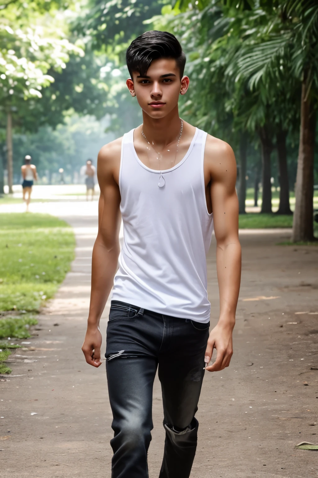 a lean skinny 18-year old caucasian boy wearing white tank top, jeans, undercut black hair, cute face, tanned skin, brown eyes, drenched with sweat, sweating profusely, walking in the park