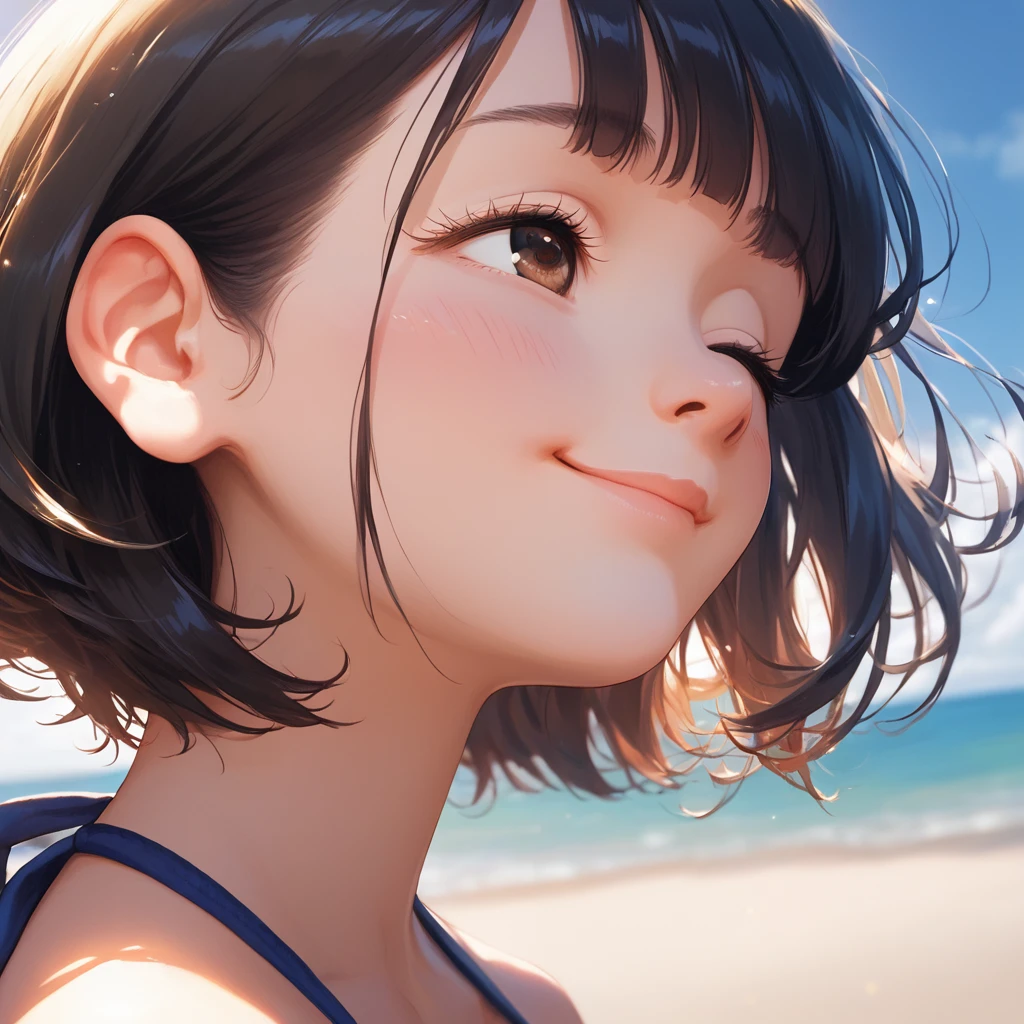 score_9,score_8_up,score_7_up,masterpiece,best quality, source anime, realistic, super detailed, extreme detailed, rating_safe,
1girl, looking up, profile, (close-up face:1.2), (closed eyes:1.2), blush, smile,
BREAK girl, 22yo, short hair, bob cut, (blunt bangs), black hair, (tareme, detailed cute brown eyes), curled eyelashes, (large breasts:0.9),
shiny hair, beautiful detailed eyes, beautiful face,
beach, bikini, summer, sunlight, (flare:1.2),